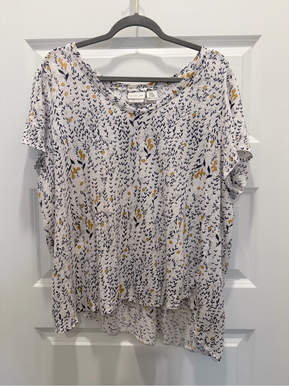 Rachel Zoe White V-Neck Tee with Navy and Mustard Floral Print